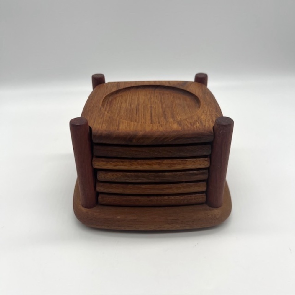 Vintage Set of 6 Coasters Wooden with Holder Retro Midcentury ~ B & M ~ Thailand